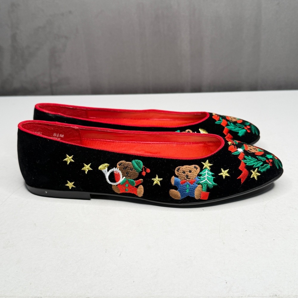 Vtg Mootsies Tootsies Ballet Flats Womens 8.5 Black Christmas Bear Embroidered - Picture 2 of 9